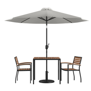 Flash Furniture Lark 5 Piece Outdoor Patio Table Set w/ 2 Synthetic Teak Stackable Chairs, 35" Square Table, Gray Umbrella & Base, Model# XU-DG-810060062-UB19BGY-GG