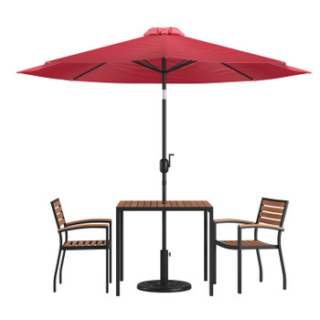 Flash Furniture Lark 5 Piece Outdoor Patio Table Set w/ 2 Synthetic Teak Stackable Chairs, 35" Square Table, Red Umbrella & Base, Model# XU-DG-810060062-UB19BRD-GG