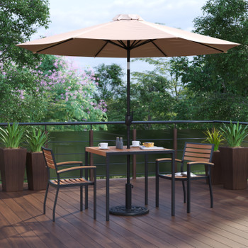 Flash Furniture Lark 5 Piece Outdoor Patio Table Set w/ 2 Synthetic Teak Stackable Chairs, 35" Square Table, Tan Umbrella & Base, Model# XU-DG-810060062-UB19BTN-GG
