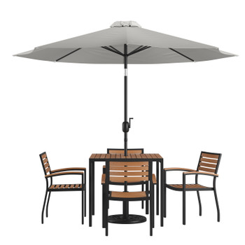 Flash Furniture Lark 7 Piece Outdoor Patio Table Set w/ 4 Synthetic Teak Stackable Chairs, 35" Square Table, Gray Umbrella & Base, Model# XU-DG-810060064-UB19BGY-GG