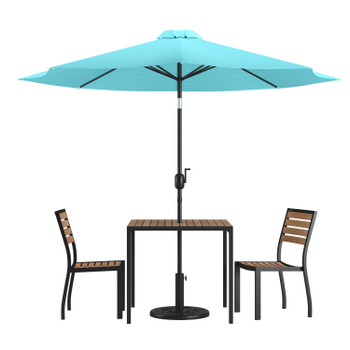 Flash Furniture Lark 5 Piece All-Weather Deck or Patio Set-2 Stacking Faux Teak Chairs, 35" Square Faux Teak Table, Teal Umbrella & Base, Model# XU-DG-810060362-UB19BTL-GG