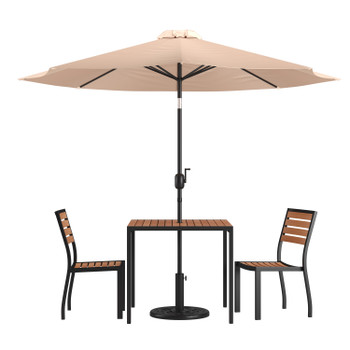 Flash Furniture Lark 5 Piece All-Weather Deck or Patio Set 2 Stacking Faux Teak Chairs, 35" Square Faux Teak Table, Tan Umbrella & Base, Model# XU-DG-810060362-UB19BTN-GG