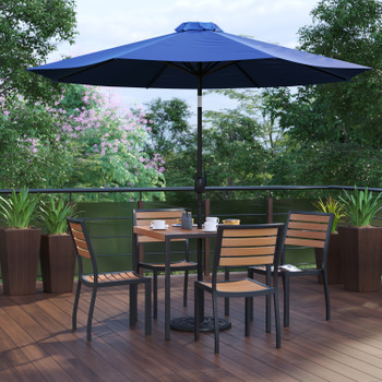 Flash Furniture Lark 7 Piece All-Weather Deck or Patio Set-4 Stacking Faux Teak Chairs, 35" Square Faux Teak Table, Navy Umbrella & Base, Model# XU-DG-810060364-UB19BNV-GG