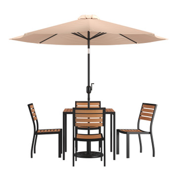 Flash Furniture Lark 7 Piece All-Weather Deck or Patio Set 4 Stacking Faux Teak Chairs, 35" Square Faux Teak Table, Tan Umbrella & Base, Model# XU-DG-810060364-UB19BTN-GG