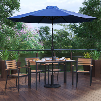 Flash Furniture Lark 7 Piece Outdoor Patio Dining Table Set w/ 4 Synthetic Teak Stackable Chairs, 30" x 48" Table, Navy Umbrella & Base, Model# XU-DG-304860064-UB19BNV-GG