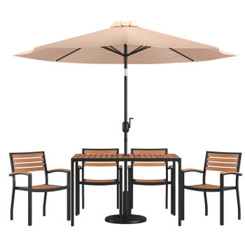 Flash Furniture Lark 7 Piece Outdoor Patio Dining Table Set w/ 4 Synthetic Teak Stackable Chairs, 30" x 48" Table, Tan Umbrella & Base, Model# XU-DG-304860064-UB19BTN-GG