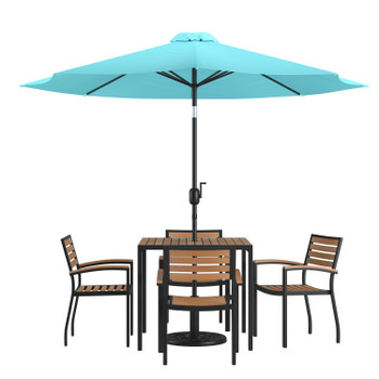 Flash Furniture Lark 7 Piece Outdoor Patio Dining Table Set 4 Synthetic Teak Stackable Chairs, 35" Square Table, Teal Umbrella & Base, Model# XU-DG-810060064-UB19BTL-GG
