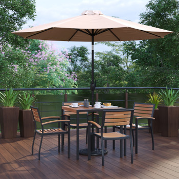 Flash Furniture Lark 7 Piece Outdoor Patio Table Set w/ 4 Synthetic Teak Stackable Chairs, 35" Square Table, Tan Umbrella & Base, Model# XU-DG-810060064-UB19BTN-GG