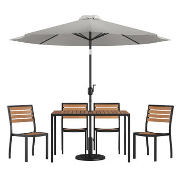 Flash Furniture Lark 7 Piece All-Weather Deck or Patio Set 4 Stacking Faux Teak Chairs, 30" x 48" Faux Teak Table, Gray Umbrella & Base, Model# XU-DG-304860364-UB19BGY-GG