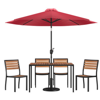 Flash Furniture Lark 7 Piece All-Weather Deck or Patio Set 4 Stacking Faux Teak Chairs, 30" x 48" Faux Teak Table, Red Umbrella & Base, Model# XU-DG-304860364-UB19BRD-GG
