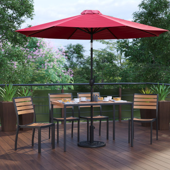 Flash Furniture Lark 7 Piece All-Weather Deck or Patio Set 4 Stacking Faux Teak Chairs, 30" x 48" Faux Teak Table, Red Umbrella & Base, Model# XU-DG-304860364-UB19BRD-GG