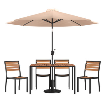 Flash Furniture Lark 7 Piece All-Weather Deck or Patio Set 4 Stacking Faux Teak Chairs, 30" x 48" Faux Teak Table, Tan Umbrella & Base, Model# XU-DG-304860364-UB19BTN-GG