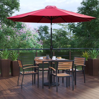 Flash Furniture Lark 7 Piece Outdoor Patio Table Set w/ 4 Synthetic Teak Stackable Chairs, 35" Square Table, Red Umbrella & Base, Model# XU-DG-810060064-UB19BRD-GG