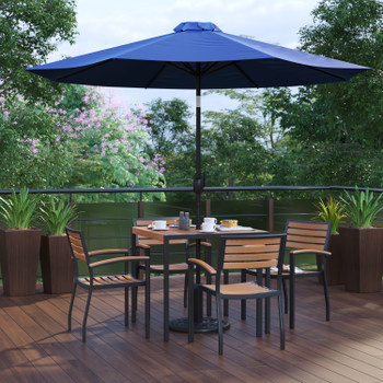 Flash Furniture Lark 7 Piece Outdoor Patio Table Set w/ 4 Synthetic Teak Stackable Chairs, 35" Square Table, Navy Umbrella & Base, Model# XU-DG-810060064-UB19BNV-GG