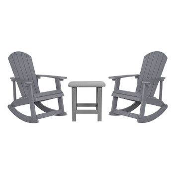 Flash Furniture Set of 2 Savannah Commercial Grade All-Weather Poly Resin Wood Adirondack Rocking Chairs w/ Side Table in Gray, Model# JJ-C14705-2-T14001-GY-GG