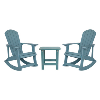 Flash Furniture Set of 2 Savannah Commercial Grade All-Weather Poly Resin Wood Adirondack Rocking Chairs w/ Side Table in Sea Foam, Model# JJ-C14705-2-T14001-SFM-GG