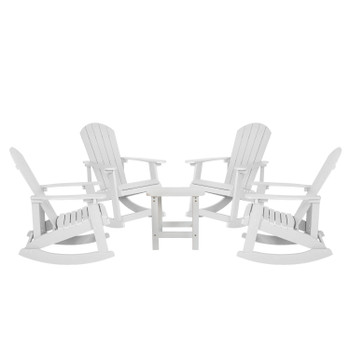 Flash Furniture Set of 4 Savannah Commercial Grade All-Weather Poly Resin Wood Adirondack Rocking Chairs w/ Side Table in White, Model# JJ-C14705-4-T14001-WH-GG