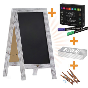 Flash Furniture Canterbury 40" x 20" Whitewashed Wooden Indoor/Outdoor A-Frame Magnetic Chalkboard Sign Set 8 Chalk Markers, 10 Stencils, 2 Magnets, & Eraser, Model# HGWA-GD1I-CRE8-842315-GG