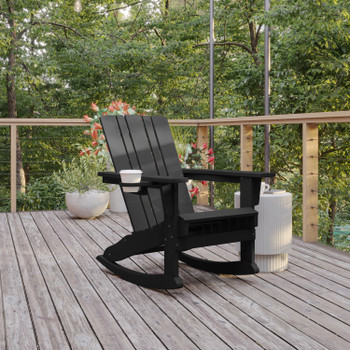 Flash Furniture Halifax Adirondack Rocking Chair w/ Cup Holder, Weather Resistant HDPE Adirondack Rocking Chair in Black, Model# LE-HMP-1045-31-BK-GG