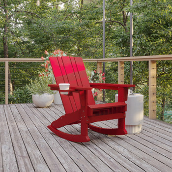 Flash Furniture Halifax Adirondack Rocking Chair w/ Cup Holder, Weather Resistant HDPE Adirondack Rocking Chair in Red, Model# LE-HMP-1045-31-RD-GG