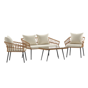 Flash Furniture Evin Boho 4 Piece Indoor/Outdoor Rope Rattan Patio Conversation Set w/ Tempered Glass Top Coffee Table & Cream Cushions, Natural, Model# SB-1960-CREAM-GG