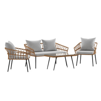 Flash Furniture Evin Boho 4 Piece Indoor/Outdoor Rope Rattan Patio Conversation Set w/ Tempered Glass Top Coffee Table & Gray Cushions, Natural, Model# SB-1960-GY-GG