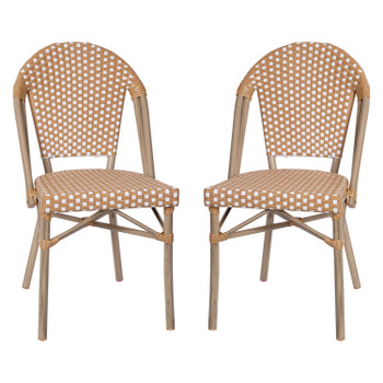 Flash Furniture Lourdes Set of 2 Indoor/Outdoor Commercial French Bistro Stack Chairs, Natural/White PE Rattan Back & Seat, Bamboo Print Light Natural Aluminum Frame, Model# 2-SDA-AD642001-F-NATWH-LTNAT-GG