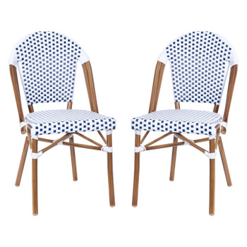 Flash Furniture Lourdes Set of 2 Indoor/Outdoor Commercial French Bistro Stacking Chair, White/Gray PE Rattan Back & Seat, Bamboo Print Aluminum Frame in Natural, Model# 2-SDA-AD642001-F-WHGY-NAT-GG