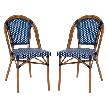 Flash Furniture Bordeaux 2 PK French Bistro Stacking Chairs Navy/White PE Rattan Back & Seat, Model# 2-SDA-AD642001-NVYWH-NAT-GG