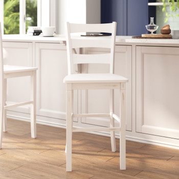 Flash Furniture Liesel Set of 2 Commercial Grade Wooden Classic Ladderback Bar Height Barstool w/ Solid Wood Seat, Antique White Wash, Model# ES-STBN5-29-WH-2-GG