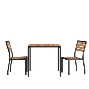 Flash Furniture Lark 3 Piece Patio Table Set Synthetic Teak Poly Slats 35" Square Steel Framed Table w/ 2 Stackable Faux Teak Chairs, Model# XU-DG-810060362-GG