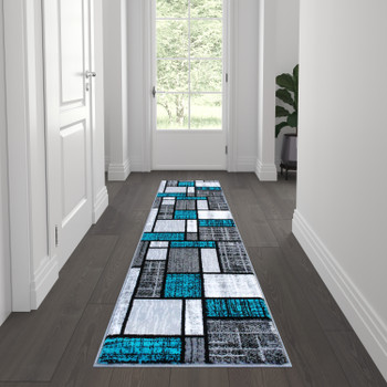 Flash Furniture Raven Collection 2' x 7' Turquoise Color Bricked Olefin Area Rug w/ Jute Backing for Entryway, Living Room, Bedroom, Model# OKR-RG1110-27-TQ-GG