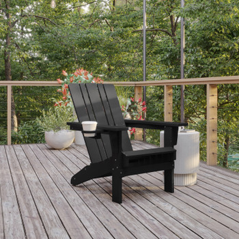 Flash Furniture Halifax Adirondack Chair w/ Cup Holder, Weather Resistant HDPE Adirondack Chair in Black, Model# LE-HMP-1045-10-BK-GG