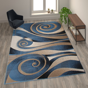 Flash Furniture Coterie Collection 8' x 11' Modern Circular Patterned Indoor Area Rug Blue & Beige Olefin Fibers w/ Jute Backing, Model# ACD-RG8AS8-811-BL-GG