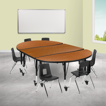 Flash Furniture Emmy Mobile 76" Oval Wave Flexible Laminate Activity Table Set w/ 12" Student Stack Chairs, Oak/Black, Model# XU-GRP-12CH-A3048CON-48-OAK-T-P-CAS-GG