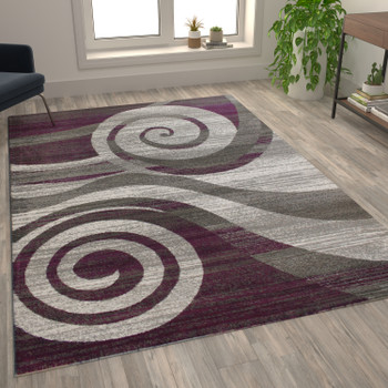 Flash Furniture Cirrus Collection 8' x 10' Purple Swirl Patterned Olefin Area Rug w/ Jute Backing for Entryway, Living Room, Bedroom, Model# OKR-RG1103-810-PU-GG