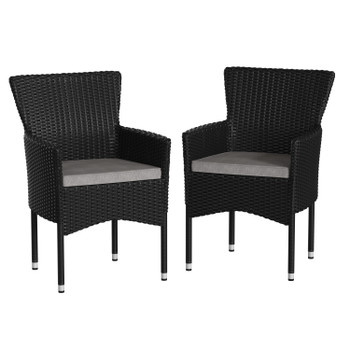 Flash Furniture Maxim Modern Black Wicker Patio Armchairs for Deck or Backyard, Fade & Weather-Resistant Frames & Gray Cushions-Set of 2, Model# 2-TW-3WBE074-BK-GG