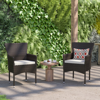 Flash Furniture Maxim Modern Espresso Wicker Patio Armchairs for Deck or Backyard, Fade & Weather-Resistant Frames & Cream Cushions-Set of 2, Model# 2-TW-3WBE074-BR-GG