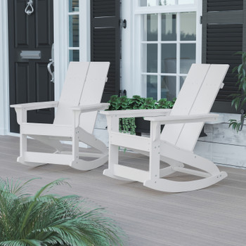 Flash Furniture Finn Modern Commercial Grade All-Weather 2-Slat Poly Resin Rocking Adirondack Chair w/ Rust Resistant Stainless Steel Hardware in White Set of2, Model# JJ-C14709-WH-2-GG