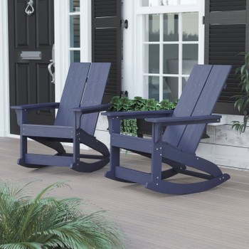 Flash Furniture Finn Modern Commercial Grade All-Weather 2-Slat Poly Resin Rocking Adirondack Chair w/ Rust Resistant Stainless Steel Hardware in Navy Set of2, Model# JJ-C14709-NV-2-GG