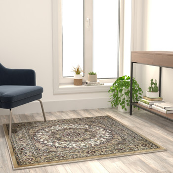Flash Furniture Mersin Collection Persian Style 4x4 Ivory Square Area Rug-Olefin Rug w/ Jute Backing-Hallway, Entryway, Bedroom, Living Room, Model# NR-RGB401-44-IV-GG