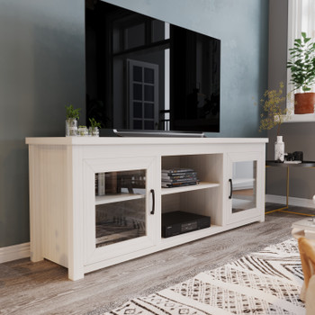 Flash Furniture Sheffield Classic TV Stand up to 80" TVs Modern White Wash Finish w/ Full Glass Doors 65" Engineered Wood Frame 3 Shelves, Model# GC-MBLK65-WH-GG