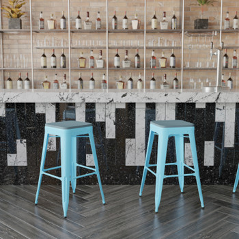 Flash Furniture Cierra Set of 4 Commercial Grade 30" High Backless Teal Metal Indoor Bar Height Stools w/ Teal-Blue All-Weather Poly Resin Seats, Model# 4-ET-31320-30-TL-R-PL2C-GG