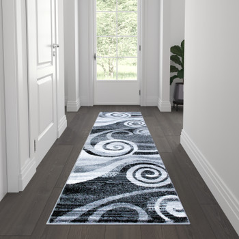 Flash Furniture Cirrus Collection 2' x 7' Gray Swirl Patterned Olefin Area Rug w/ Jute Backing for Entryway, Living Room, Bedroom, Model# OKR-RG1103-27-GY-GG