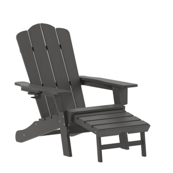 Flash Furniture Newport HDPE Adirondack Chair w/ Cup Holder & Pull Out Ottoman, All-Weather HDPE Indoor/Outdoor Lounge Chair in Gray, Model# LE-HMP-1044-110-GY-GG