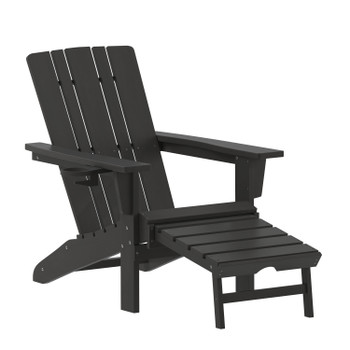 Flash Furniture Halifax HDPE Adirondack Chair w/ Cup Holder & Pull Out Ottoman, All-Weather HDPE Indoor/Outdoor Lounge Chair in Black, Model# LE-HMP-1045-110-BK-GG
