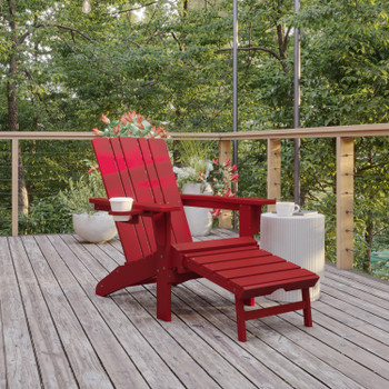 Flash Furniture Halifax HDPE Adirondack Chair w/ Cup Holder & Pull Out Ottoman, All-Weather HDPE Indoor/Outdoor Lounge Chair in Red, Model# LE-HMP-1045-110-RD-GG