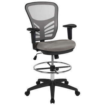 Flash Furniture Tyler Mid-Back Light Gray Mesh Ergonomic Drafting Chair w/ Adjustable Chrome Foot Ring, Adjustable Arms & Black Frame, Model# HL-0001-1CBLACK-LTGY-GG