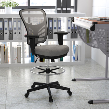 Flash Furniture Tyler Mid-Back Light Gray Mesh Ergonomic Drafting Chair w/ Adjustable Chrome Foot Ring, Adjustable Arms & Black Frame, Model# HL-0001-1CBLACK-LTGY-GG