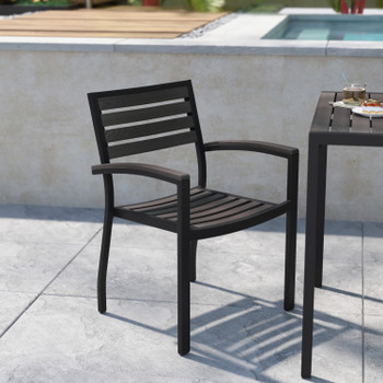 Flash Furniture Lark Set of 2 Outdoor Stackable Faux Teak Side Chairs Commercial Grade Black Aluminum Patio Chairs w/ Synthetic Gray Wash Faux Teak Slats, Model# 2-XU-DG-HW6006-GY-GG